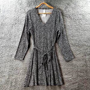 New ANKO Womens Dress Size 12 Black White Floral Long Sleeve A-line V-Neck Tie